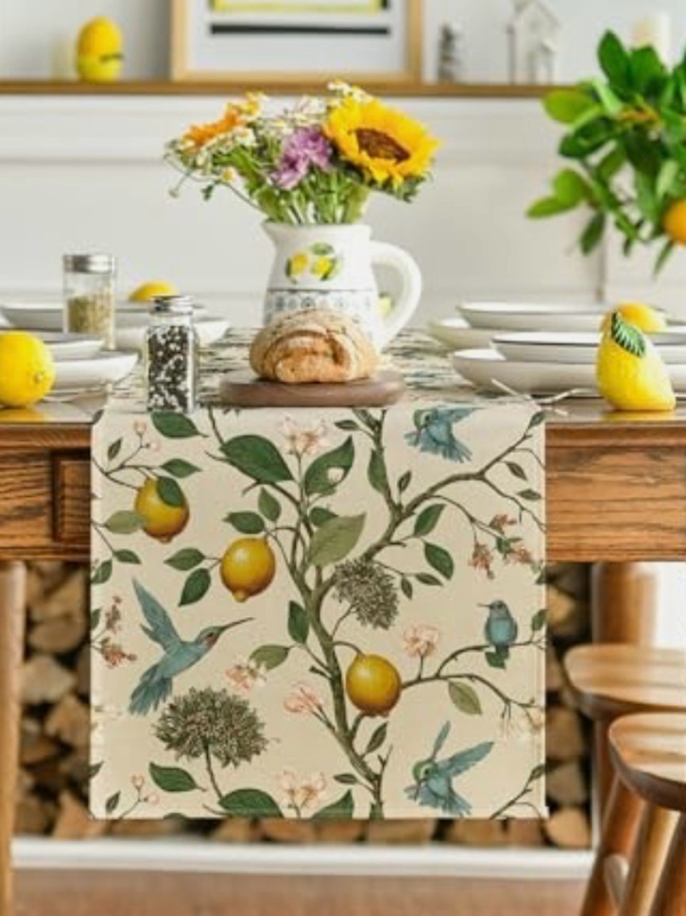 Colorful Blue Hummingbird/Yellow Lemons Decorative Tapestry Fabric Runner 72”